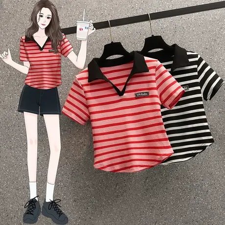 大码条纹polo领夏季胖mm设计感小众显瘦遮肚短袖t恤上衣女装200斤商品大图