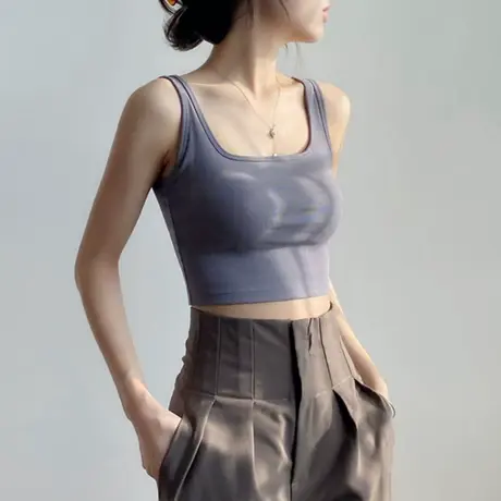 高弹力带胸垫方领短款背心女外穿无袖露脐冰丝吊带防走光打底上衣商品大图