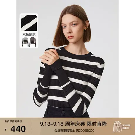 朗姿时尚设计感复古条纹毛针织衫2023春秋季新款法式内搭别致毛衣图片