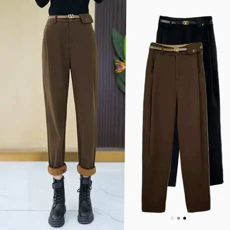 毛呢剪刀裤女秋冬高腰显瘦哈伦裤子2023新款加绒休闲萝卜西装裤子商品大图