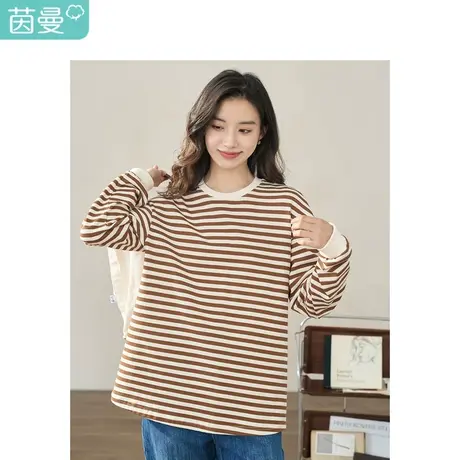 【商场同款】茵曼复古条纹T恤2023秋季女装新款圆领长袖宽松上衣图片