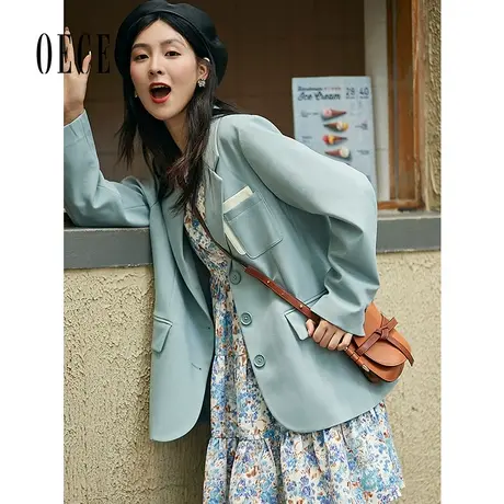 【买1送1】Oece春秋春装新款女不撞衫个性拼色口袋复古西装外套图片