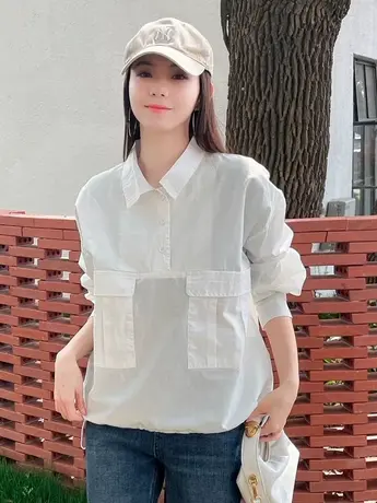 欧洲站衬衣女装2023夏季新款宽松休闲下摆收腰长袖套头衬衫上衣潮商品大图