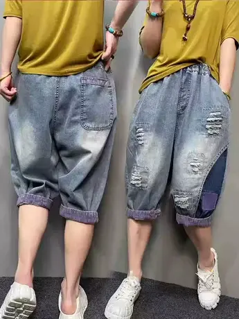 2023年夏季新款个性破洞牛仔老爹裤女宽松显瘦五六分哈伦裤垮裤薄商品大图