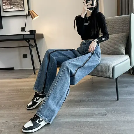 窄版阔腿牛仔裤女高腰2023新款春秋复古胖MM显瘦撞色小个子直筒裤商品大图