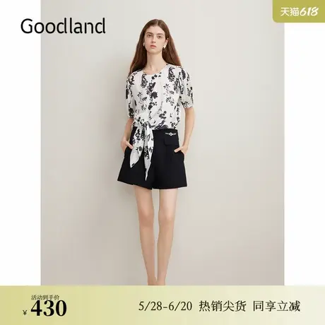 Goodland美地夏季法式优雅艺术花卉剪影衬衫绑带上衣图片