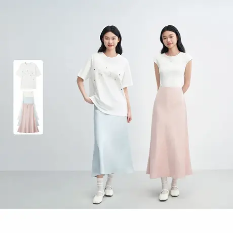 乐町贝壳印花宽松短袖/缎面鱼尾裙图片