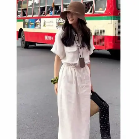 新款亚麻短袖连衣裙女中长款韩版宽松大码气质显瘦百搭收腰亚麻裙图片