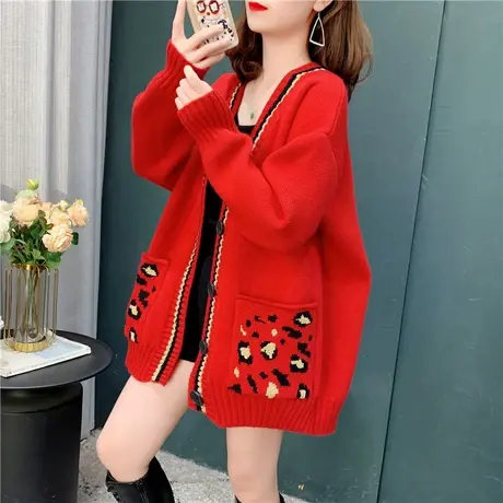 2022春秋新款V领针织开衫女豹纹口袋毛衣外套百搭学生中长款上衣商品大图