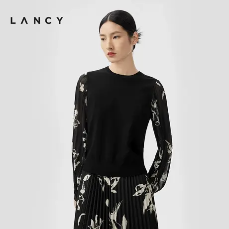 LANCY/朗姿2024春季新款黑色新中式拼接印花针织外套高级淡雅国风图片