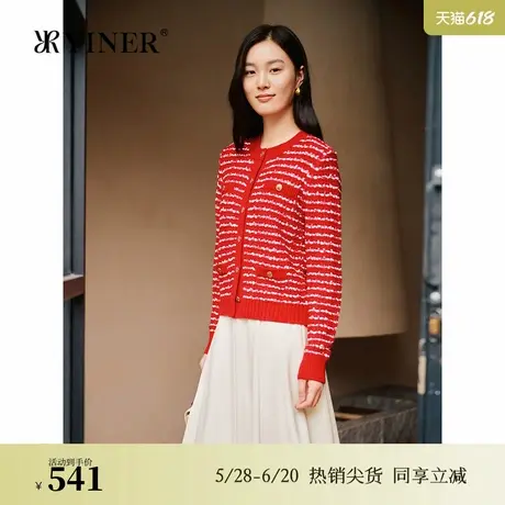 【中国红】YINER音儿专选2025春季新款时尚亮丝间色针织开衫图片