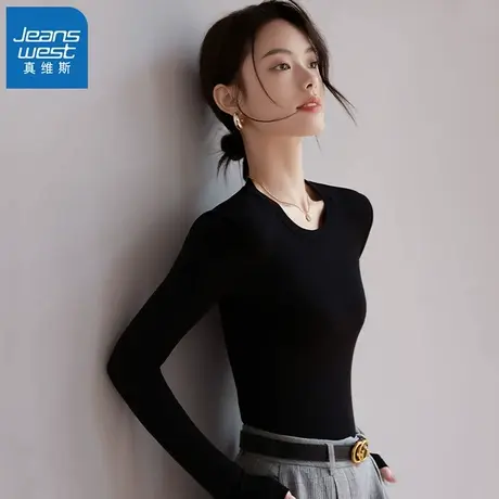KMV真维斯半高领打底衫女装内搭2025春秋款长袖t恤修身显瘦上衣潮商品大图