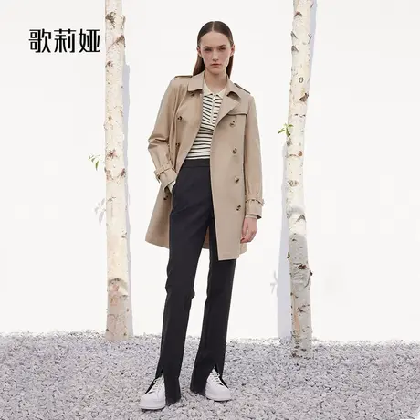 歌莉娅秋冬季新款轻奢驼色双排扣收腰风衣女中长款外套1B2C6L650商品大图