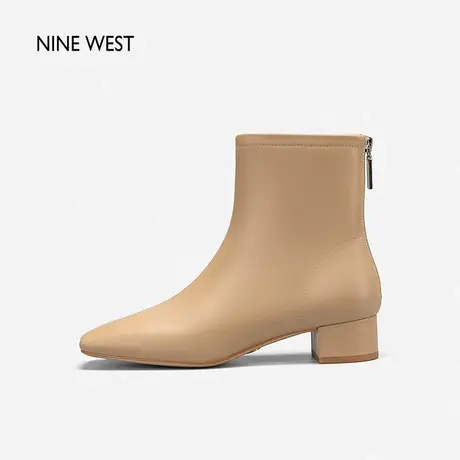 Nine West/玖熙低跟靴子女2023年秋冬新款羊皮显瘦后拉链方头短靴商品大图