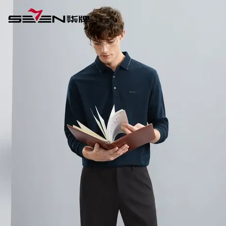【含羊绒】柒牌男士polo衫长袖秋冬新款时尚字母绣花磨毛翻领上衣图片