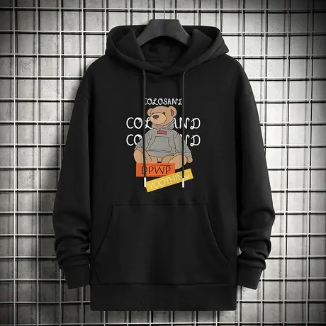 黑色连帽卫衣男2023新款秋冬加绒加厚宽松潮流小熊长袖带帽衫外套商品大图