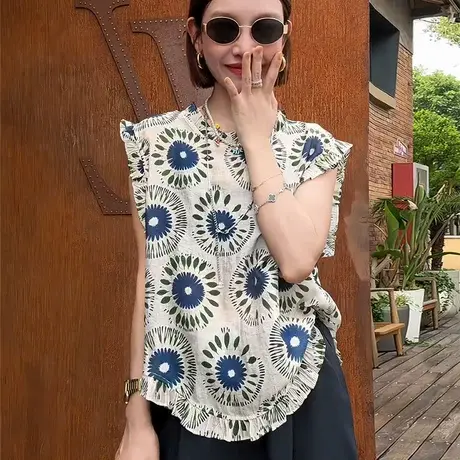 2025新款夏季韩系气质高级感碎花无袖衬衫女圆领花边飞飞袖上衣商品大图