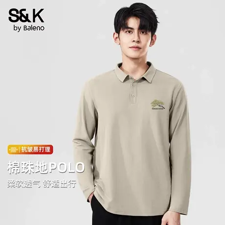 班尼路S&K系列卡其色polo衫男秋季珠地棉肌理感上衣宽松休闲长袖商品大图