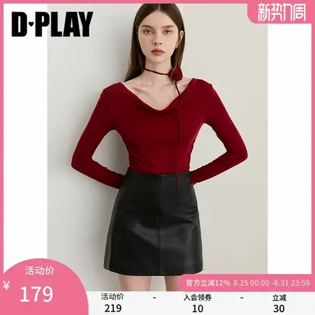 DPLAY2025秋季新款红色t恤女时尚流行花朵飘带设计长袖荡领上衣商品大图