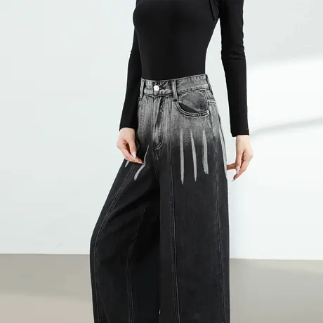 美式扎染渐变阔腿牛仔裤女2025春秋新款高腰宽松拼色直筒拖地长裤图片