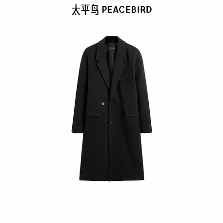 【商场同款】太平鸟男装 黑色休闲羊毛双面呢长款大衣男B1AAE4309商品大图
