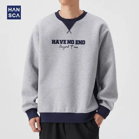 hansca潮牌撞色假两件卫衣男士2025新款秋季复古字母刺绣休闲上衣商品大图