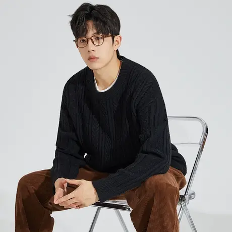 唐狮秋冬新款绞花毛衣男日系休闲慵懒风圆领宽松毛衫男款上衣TE图片