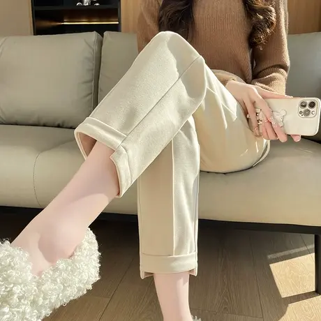 杏色毛呢裤女秋冬2023新款高腰宽松显瘦加厚呢子直筒小个子烟管裤商品大图