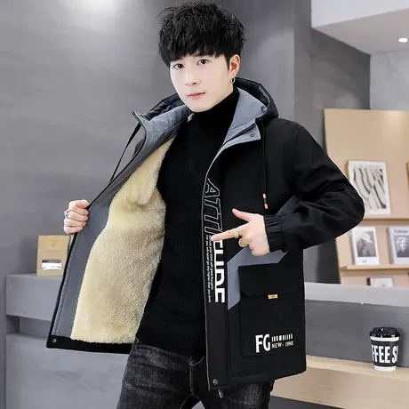 男士加绒加厚夹克男秋冬季青少年帅气学生加棉外衣潮流冬装外套男商品大图