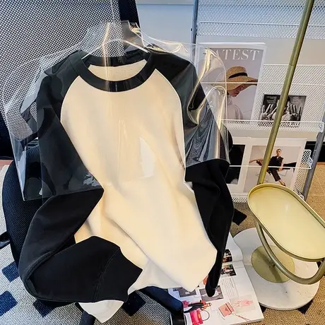 撞色圆领插肩袖卫衣女春秋款2023新款爆款宽松百搭早秋季长袖上衣图片
