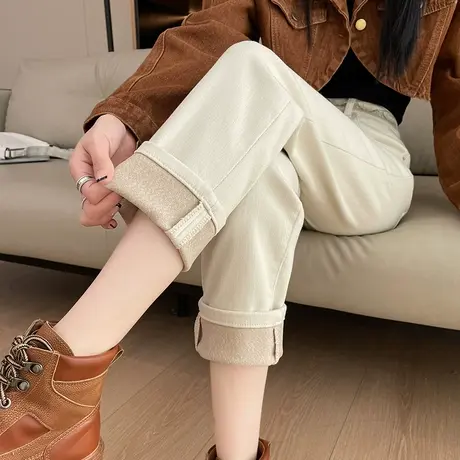杏色烟管牛仔裤女秋冬季加绒加厚薄绒九分显瘦小个子直筒法棍裤子商品大图