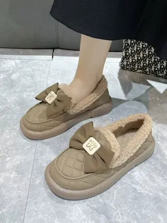 毛毛鞋女冬外穿2023年新款加绒孕妇棉鞋蝴蝶结一脚蹬保暖豆豆鞋图片