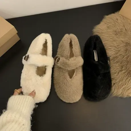 毛毛拖鞋女外穿2023新款秋冬女鞋加绒豆豆鞋一脚蹬孕妇玛丽珍棉鞋商品大图