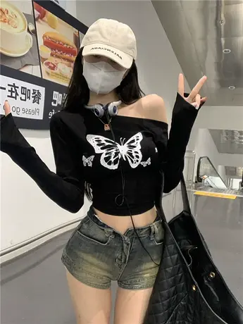 大码辣妹一字肩印花长袖t恤女2023春秋新款胖mm修身短款显瘦上衣商品大图