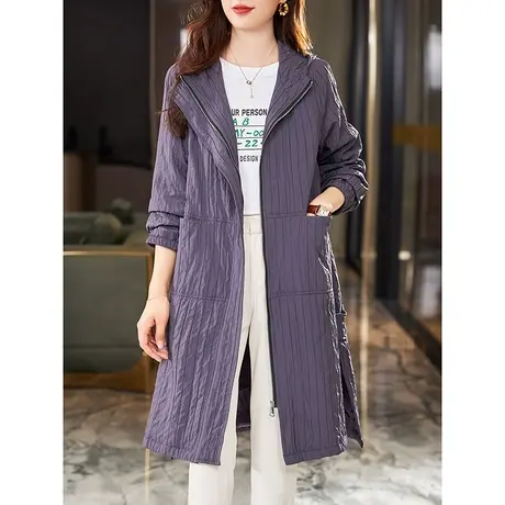 宝诗黎2023新款连帽宽松过膝长款风衣女春秋季纯色条纹拉链薄外套商品大图