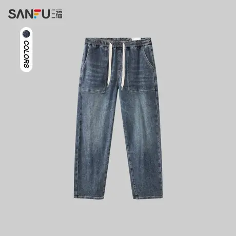 三福2023冬男士复古方袋厚款牛仔裤 时尚宽松直筒长裤男479077商品大图