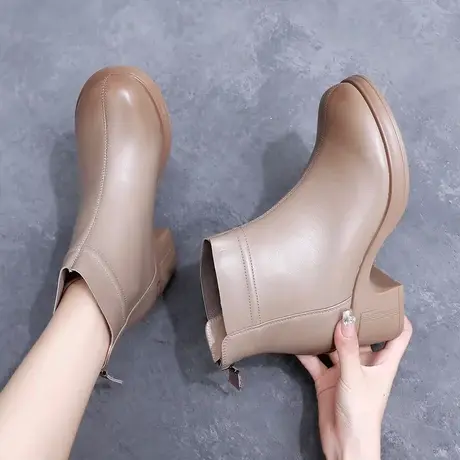 2023新款大码女靴41一43秋冬羊皮加绒皮靴时尚中跟短靴粗跟42皮靴商品大图