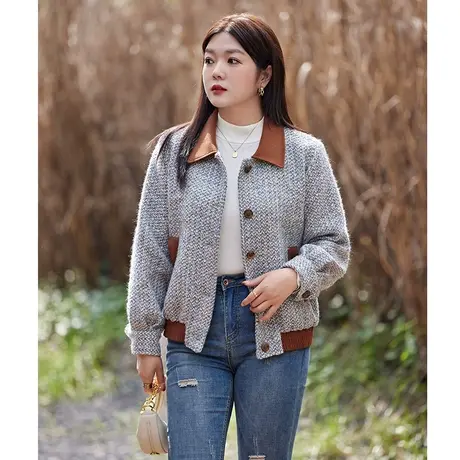 2023年秋冬新款气质小香风显瘦胖mm大码翻领加厚格子夹棉外套女图片