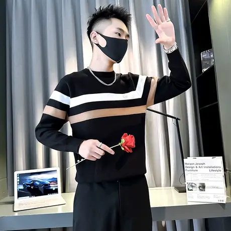 圆领毛衣男秋冬季新款时尚拼色条纹针织打底衫小众内搭线衣ins潮图片