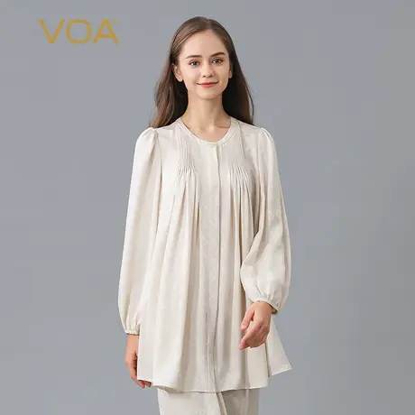 VOA奶茶色22姆米提花桑蚕丝圆领灯笼长袖休闲宽松真丝大码衬衫商品大图
