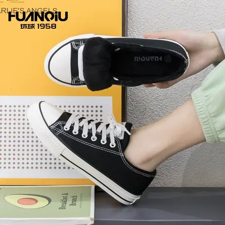 环球加绒保暖帆布鞋女鞋子冬季百搭休闲舒适学生雪地靴棉鞋潮板鞋商品大图