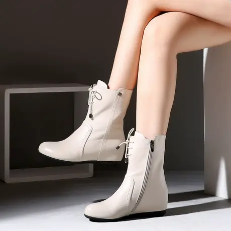 真皮马丁靴女秋冬平底内增高短靴子米白色女士靴子圆头中筒靴新款商品大图