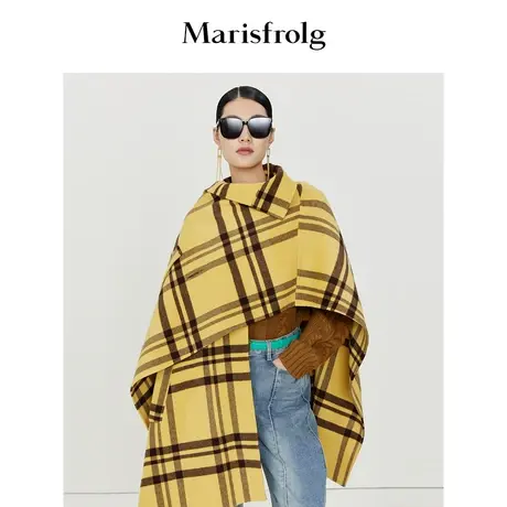 【商场同款】玛丝菲尔秋季新款斗篷式格纹双面呢羊毛大衣外套女商品大图