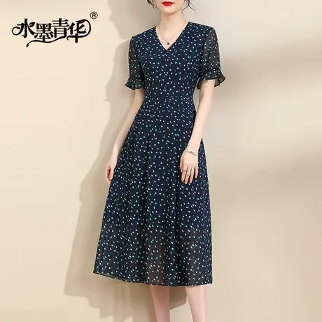 水墨青华2024夏季新品百搭显瘦大摆印花裙子中长款短袖雪纺连衣裙商品大图