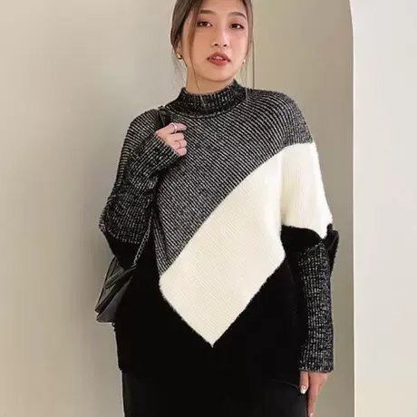 桔熊秋冬季保暖不规则下摆拼接针织衫立领连袖毛衣女大码FA2638商品大图
