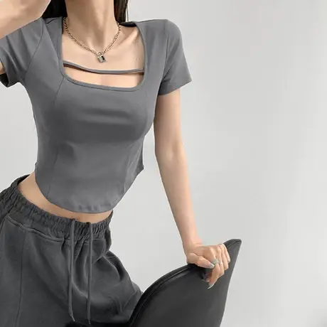 2023夏季新款ins潮方领短款上衣设计感小众高级感正肩短袖t恤女秋图片