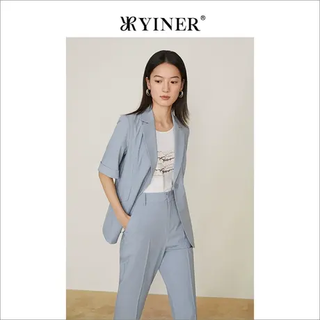 YINER音儿女装2022春季新款时尚一粒扣西装领半袖短外套商品大图