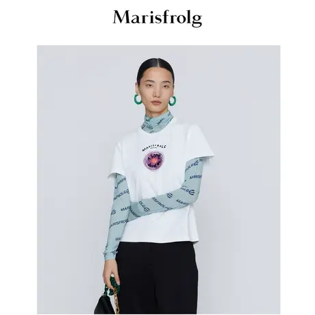 【商场同款】玛丝菲尔女装冬季新款白色长绒棉图案印花t恤上衣女商品大图