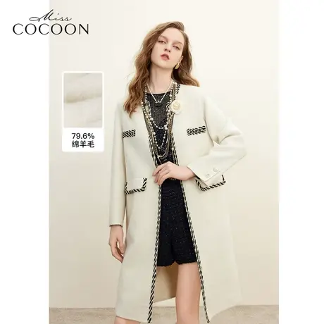 MISSCOCOON千金玛德琳撞色小香风2023冬季新女通勤中长款毛呢大衣商品大图