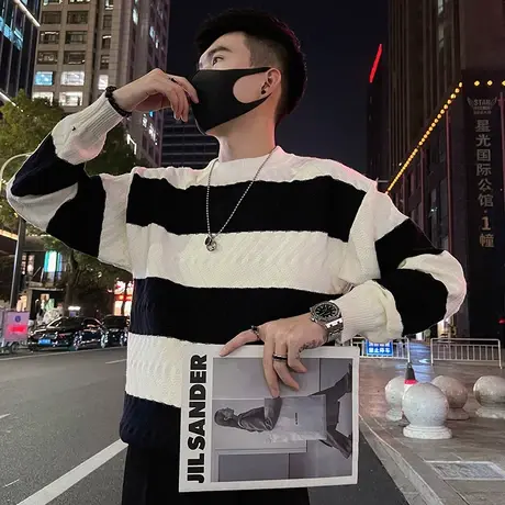 撞色条纹圆领毛衣男秋冬季新款潮牌小众ins慵懒风内搭毛线针织衫商品大图